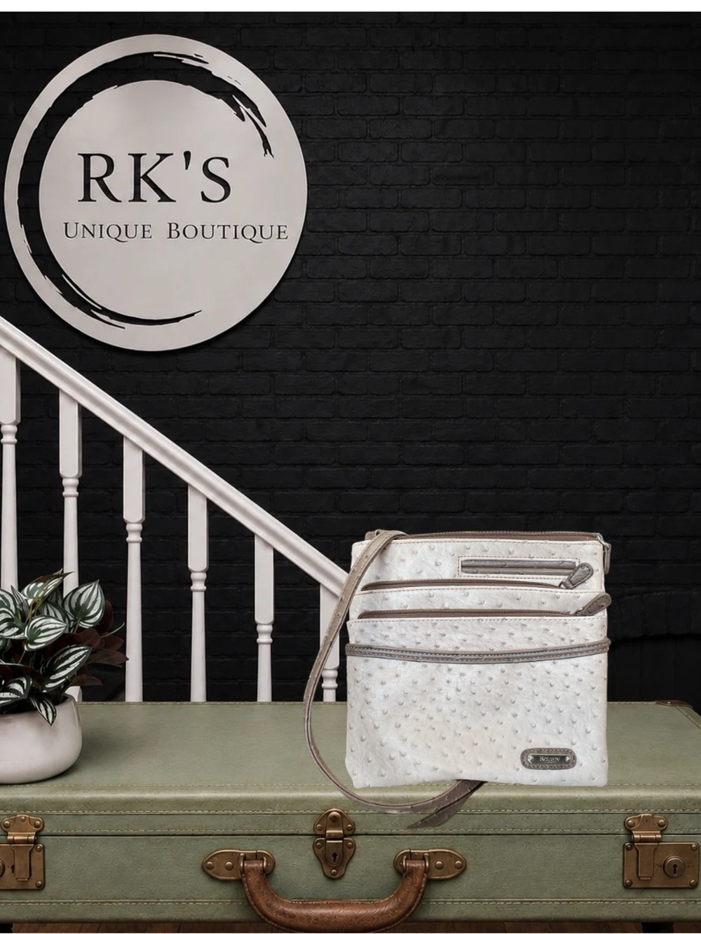 Roltov White Ostrich-Texture Crossbody Bag with Adjustable Strap